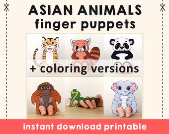 Plantilla de títere de dedo imprimible con papel de animales asiáticos, manualidad para niños, fiesta de cumpleaños en la jungla, juego de títeres para colorear para niños, imprimible - Descargar