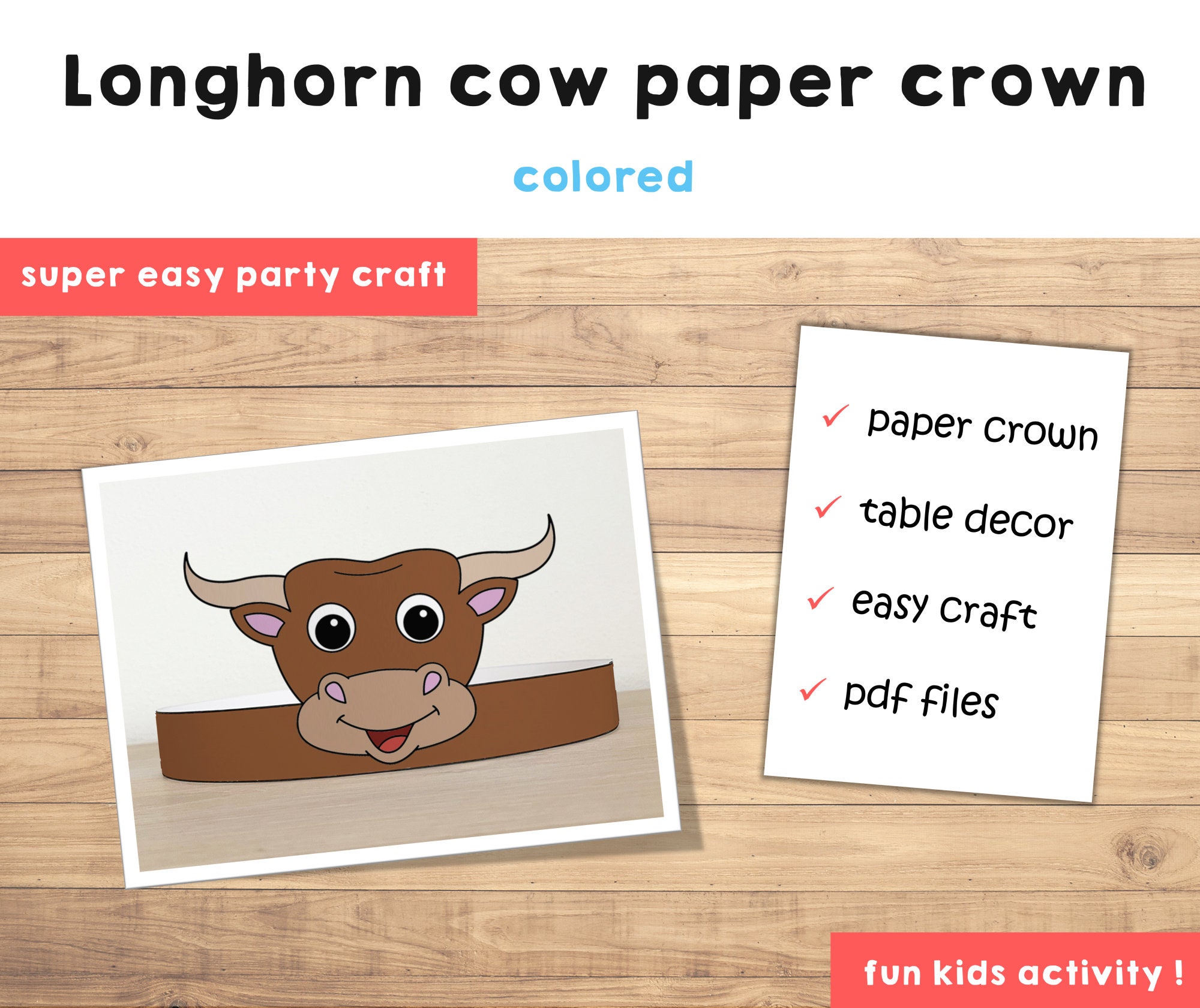 Cow Longhorn Paper Crown Headband Party Printable Kids Craft Wild West ...