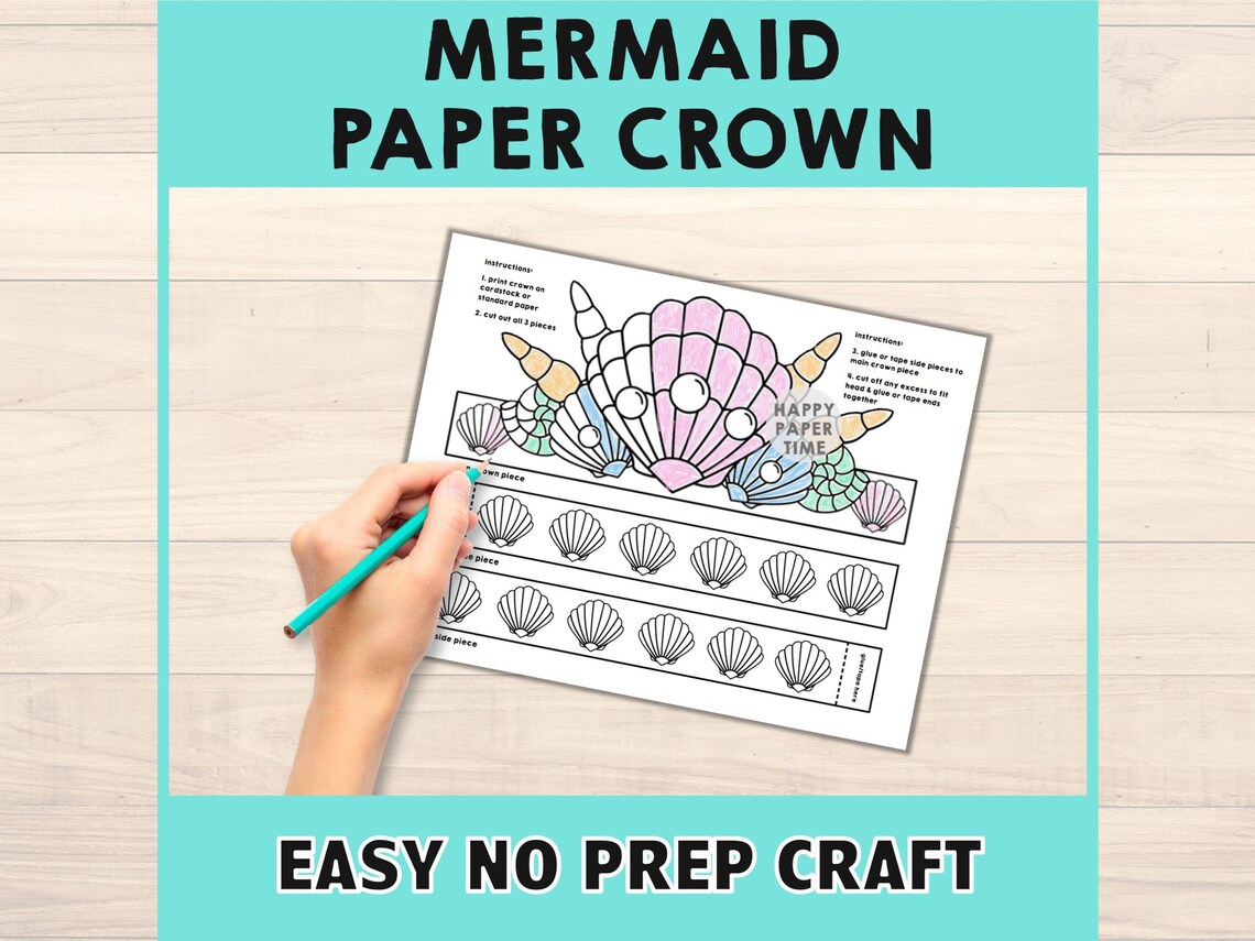 Mermaid Paper Crown Template Ocean Princess Party Headband Coloring ...