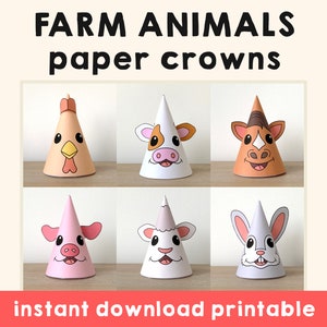 Farm Animal party hats paper printable table pig horse cow rabbit sheep cow chicken kids craft activity favor Birthday - Instant Download