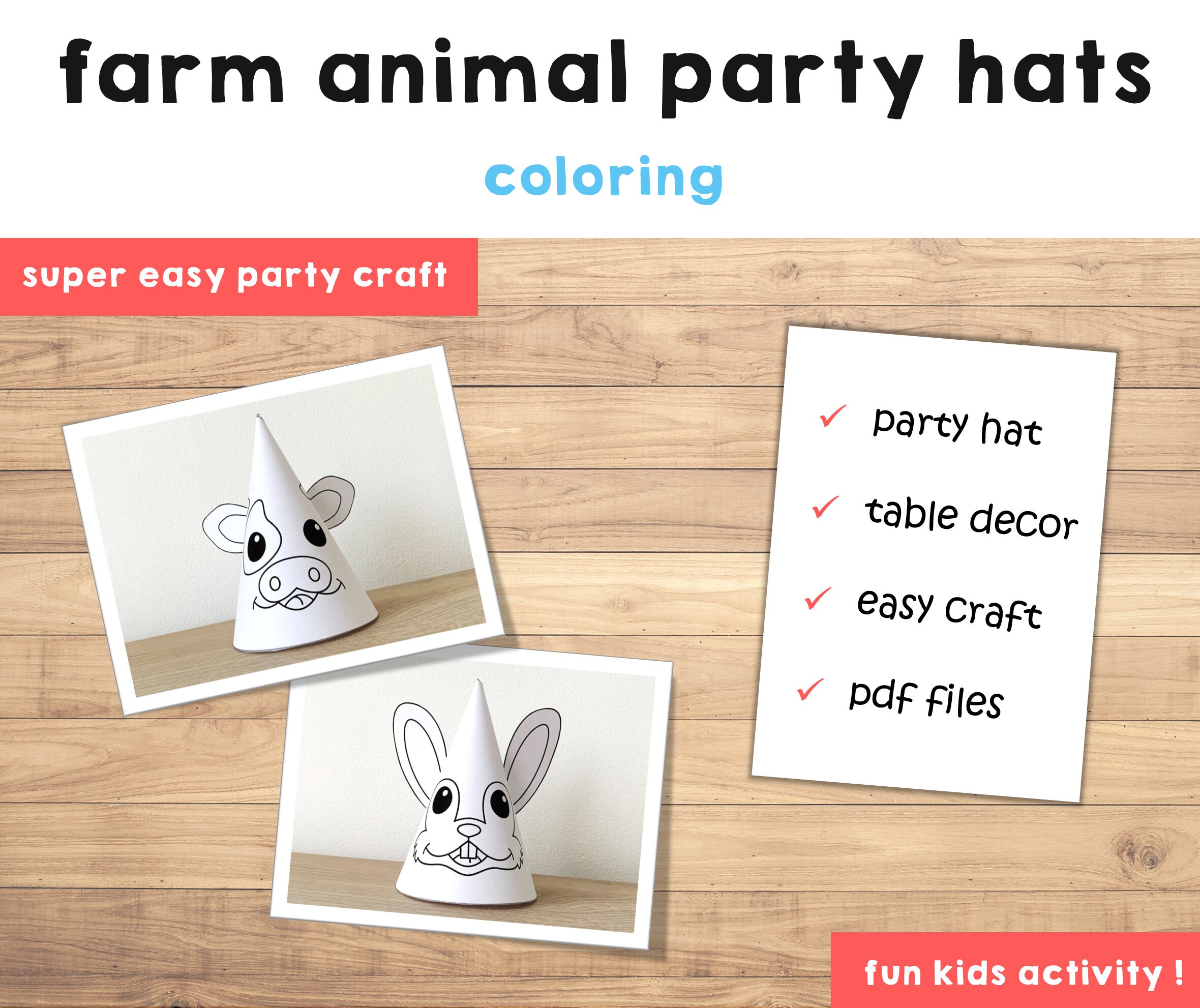 Farm Animal Party Hats Paper Printable Table Pig Horse Cow Rabbit Sheep ...