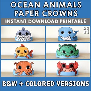 Corone di carta con animali dell'oceano, squali, pesci, polpi, balene, tartarughe marine, granchi, lavoretti per bambini, bomboniere per feste di compleanno, costumi fai da te, da scaricare