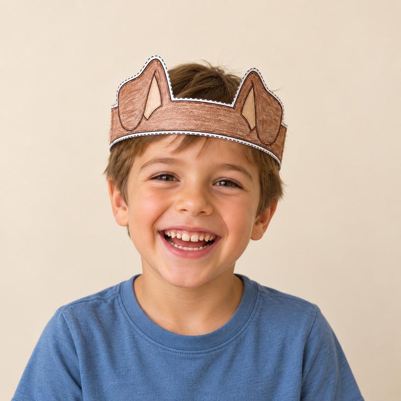 May include: A paper headband featuring brown dog ears with a textured appearance and a dashed black outline. The headband is designed to be worn around the head, showcasing a simple craft style with light brown inner ear details and a brown band.