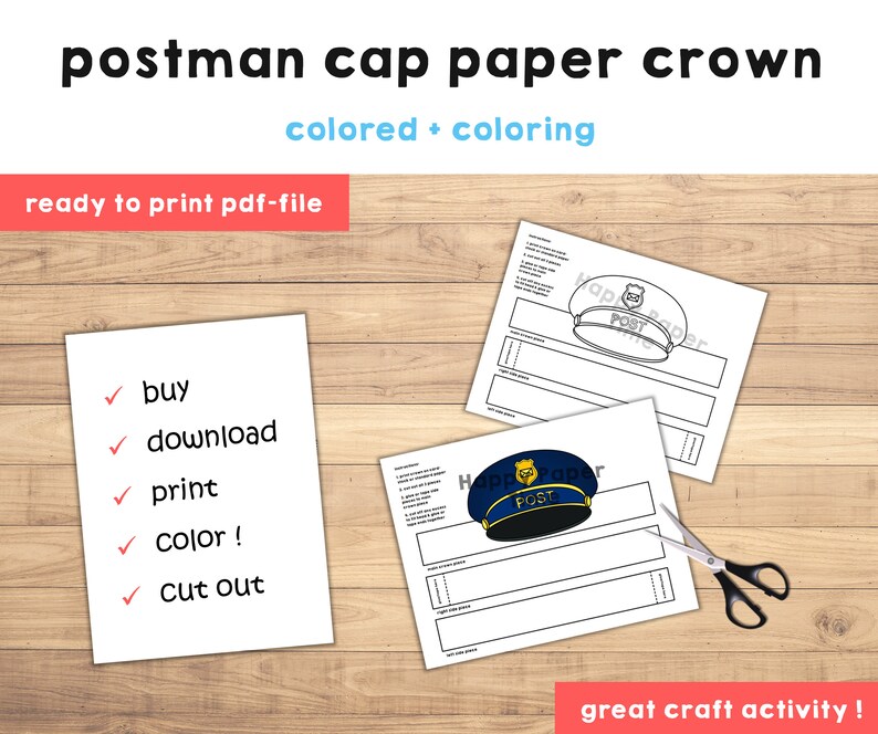 Postman Cap Hat Paper Crown Party Coloring Printable Kids Etsy