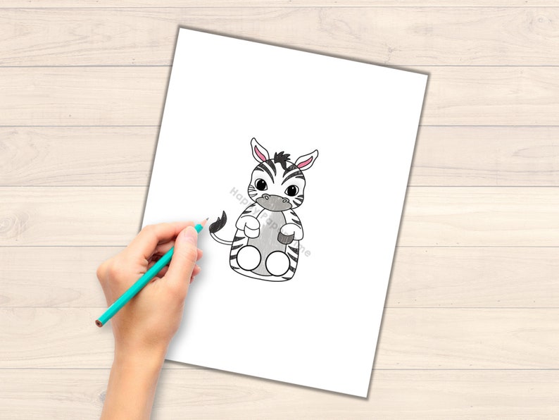 May include: A black and white zebra with a pink nose and hooves is drawn on a white sheet of paper. The zebra is sitting down with its legs crossed.