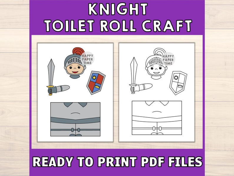 May include: Printable craft template for making a knight out of a toilet paper roll. The template includes a knight's head, shield, sword, and body.