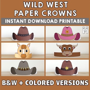 Wild West Paper Crown Coloring Headband Cowboy Sheriff Cowgirl Party Activity Printable Kids Craft Costume Favor Instant Download