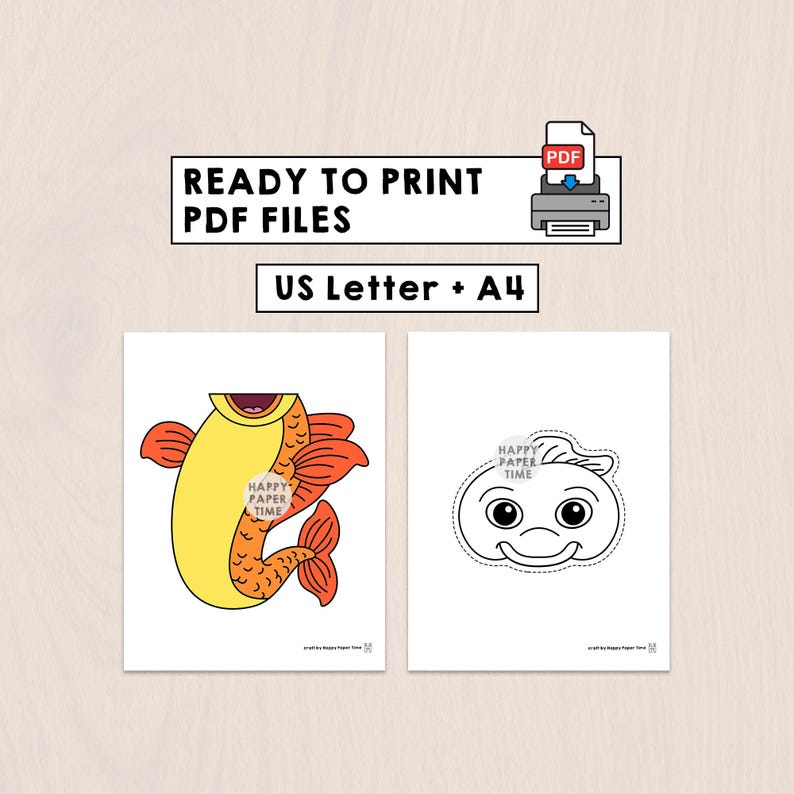Goldfish Paper Bag Puppet Printable Pet Fish Animal Craft Activity Cut Paste Coloring Party Favor Instant Download image 4