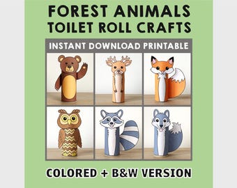 Woodland Animals Toilet Paper Roll Craft Forest Party Coloring Printable Decoration Kids Wild Play Cut out Glue DIY - Instant Download