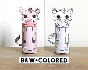 Warthog Toilet Paper Roll Craft African Animal Safari Party Coloring Printable Decoration Kids Play Cut out Glue DIY - Instant Download