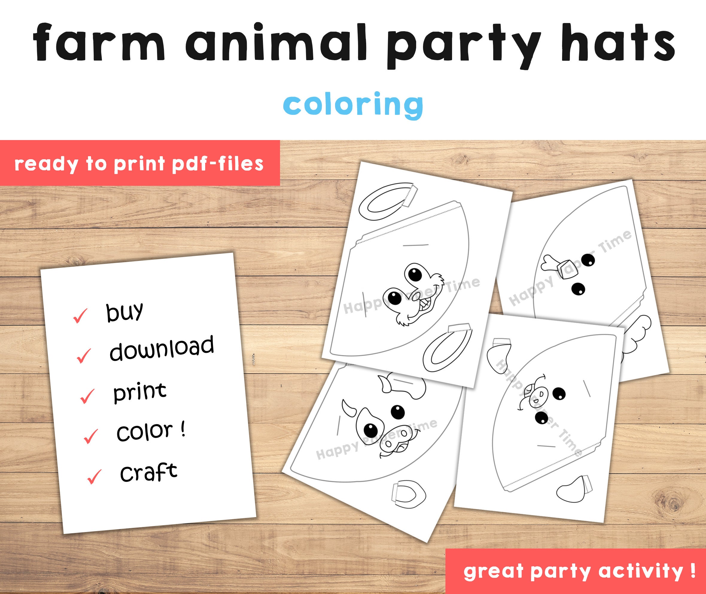 Farm Animal Party Hats Paper Printable Table Pig Horse Cow Rabbit Sheep ...