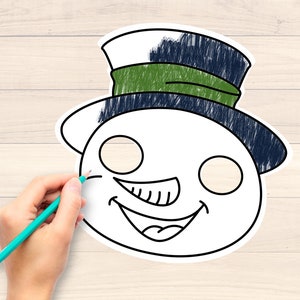 K&ouml;nnte beinhalten: Eine Schwarzwei&szlig;-Zeichnung eines Schneemanns, der einen Hut mit gr&uuml;nem Band tr&auml;gt. Der Schneemann hat ein l&auml;chelndes Gesicht mit einem Schnurrbart und zwei Augen.