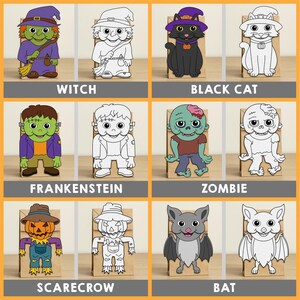 Puede incluir: Colecci&oacute;n de recortes de papel con tem&aacute;tica de Halloween que presentan varios personajes. Los personajes incluyen una bruja, un gato negro, Frankenstein, un zombi, un espantap&aacute;jaros y un murci&eacute;lago. Cada personaje tiene una versi&oacute;n en color y otra en blanco y negro.