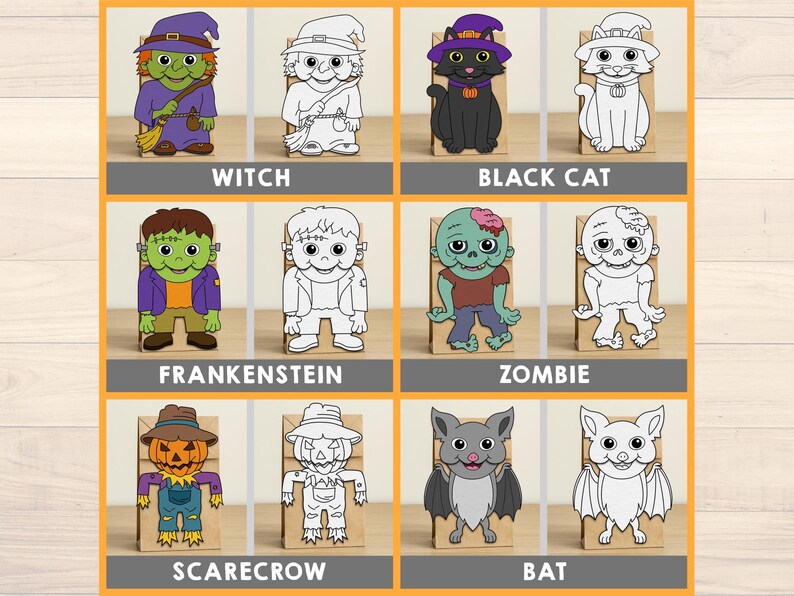 Puede incluir: Colecci&oacute;n de recortes de papel con tem&aacute;tica de Halloween que presentan varios personajes. Los personajes incluyen una bruja, un gato negro, Frankenstein, un zombi, un espantap&aacute;jaros y un murci&eacute;lago. Cada personaje tiene una versi&oacute;n en color y otra en blanco y negro.