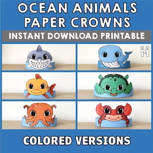 Corone di carta con animali dell'oceano, squali, pesci, polpi, balene, tartarughe marine, granchi, lavoretti per bambini, bomboniere per feste di compleanno, costumi fai da te, da scaricare