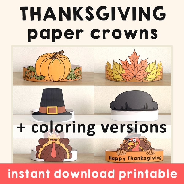 Thanksgiving Paper Crowns activity Printable Kids Craft Hats Fall Autumn Party Favor Costume DIY Printable Template - Instant Download
