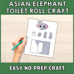 Peut inclure: Mod&egrave;le d'artisanat imprimable pour r&eacute;aliser un &eacute;l&eacute;phant d'Asie &agrave; partir d'un rouleau de papier toilette. Le mod&egrave;le comprend la t&ecirc;te, les oreilles, les pattes et le corps de l'&eacute;l&eacute;phant. Le texte "Happy Paper Time" est en haut de la page.