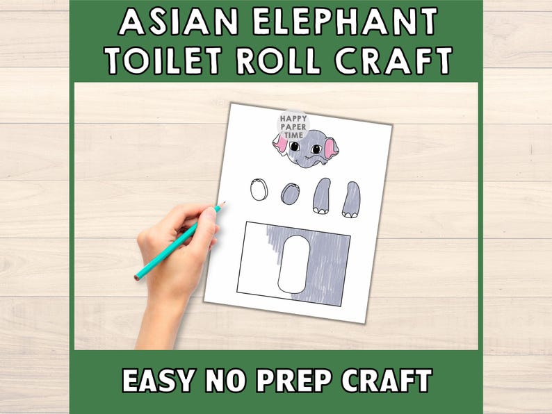 Peut inclure: Mod&egrave;le d'artisanat imprimable pour r&eacute;aliser un &eacute;l&eacute;phant d'Asie &agrave; partir d'un rouleau de papier toilette. Le mod&egrave;le comprend la t&ecirc;te, les oreilles, les pattes et le corps de l'&eacute;l&eacute;phant. Le texte "Happy Paper Time" est en haut de la page.