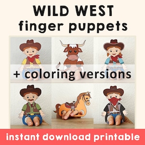 Wild West paper craft printable Finger Puppet Template Kids Craft Cowboy Birthday Party Coloring Puppet Printable - Download