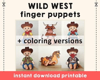 Wild West paper craft printable Finger Puppet Template Kids Craft Cowboy Birthday Party Coloring Puppet Printable - Download