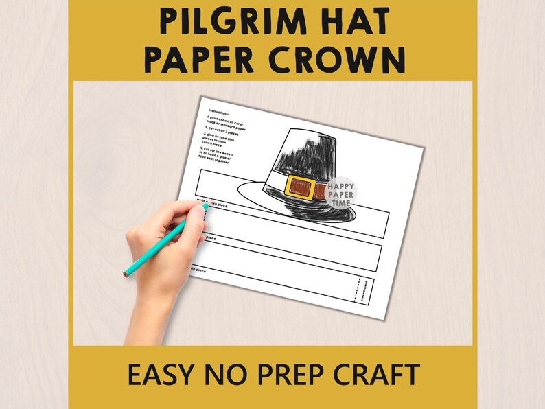Pilgrim Hat Headband Paper Crown Thanksgiving Settler Party Coloring Printable Kids Craft Costume Printable Favor DIY - Instant Download image 3