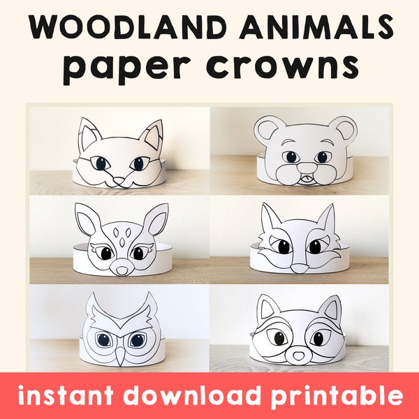 Activité de couronnes de papier animaux de la forêt Imprimable Kids Craft Woodland Forest Birthday Party Favor Costume DIY Printable Instant Download