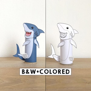 Shark Toilet Paper Roll Craft Ocean Animal Beach Sea Party Coloring Printable Decoration Kids Play Cut out Glue DIY - Instant Download image 1