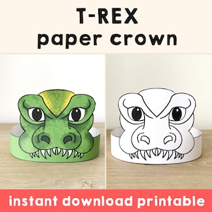 T-rex Paper Crown Party Coloring Printable Kids Craft Dinosaur Birthday Decor Printable Favor trex Costume DIY Printable Instant Download