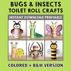 Bugs and insects animals Toilet Paper Roll Craft Spring Party Coloring Printable Decoration Kids Play Cut out Glue DIY - Instant Download