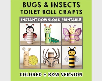 Bugs and insects animals Toilet Paper Roll Craft Spring Party Coloring Printable Decoration Kids Play Cut out Glue DIY - Instant Download