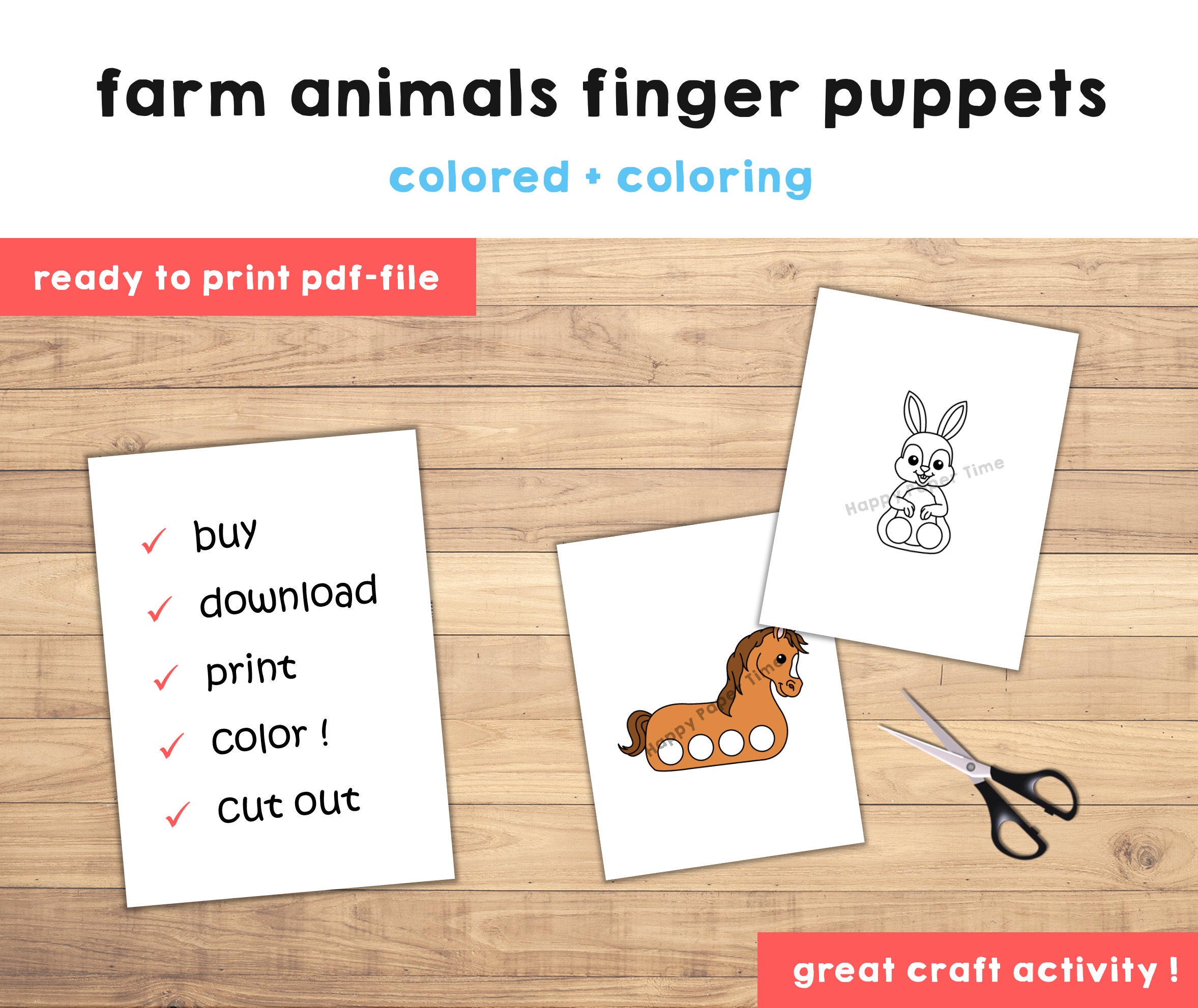 Farm Animal Paper Craft Printable Finger Puppet Template Kids Craft ...