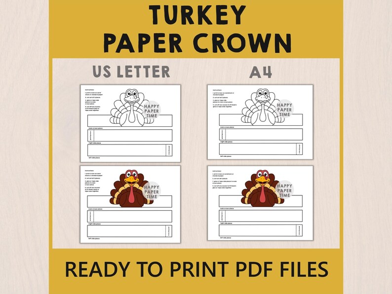 Fascia per capelli da tacchino, corona di carta, cappello, festa del Ringraziamento, da colorare, stampabile, per bambini, costume, bomboniera, autunno, fai da te - Download immediato immagine 2