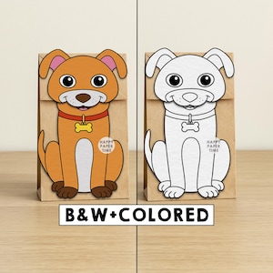 Pode incluir: Dois sacos de papel castanho com uma ilustração de cão. Um saco mostra um cão colorido com coleira vermelha e etiqueta de osso amarela, enquanto o outro mostra uma versão a preto e branco. Ambos têm o texto HAPPY PAPER TIME impresso.