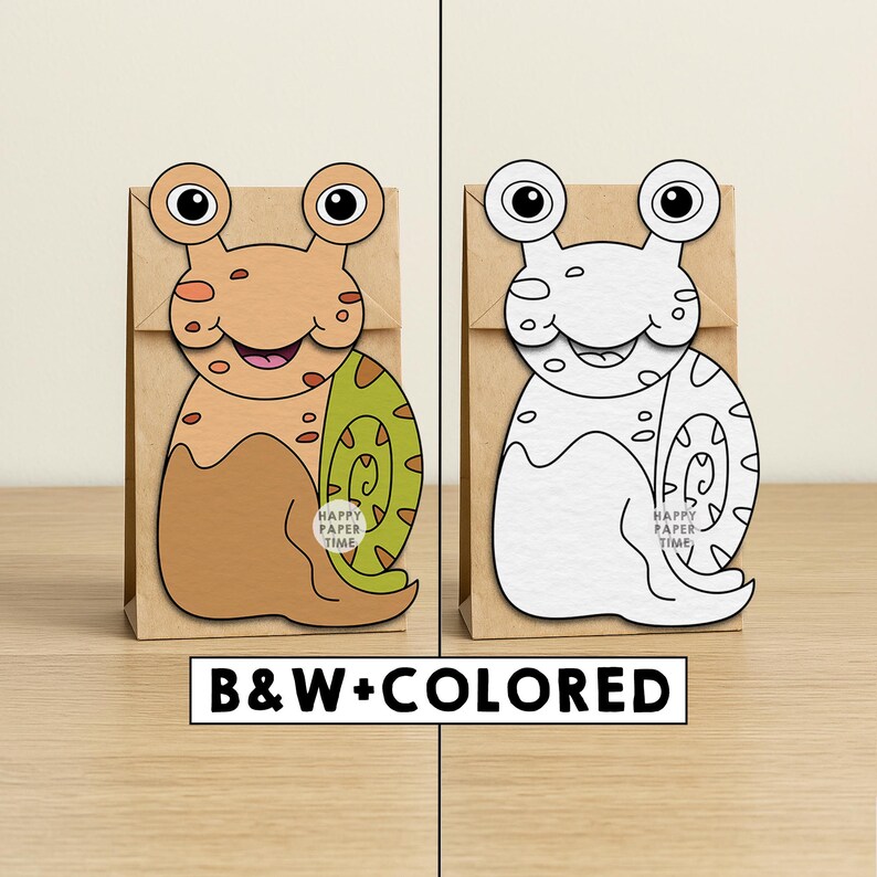 May include: Two paper gift bags with snail cutouts. One snail is tan, green, and pink, the other is white. The snail cutouts have large eyes and a smiling mouth. The text "HAPPY PAPER TIME" is on the snail's shell. The text "B&W+COLORED" is below.