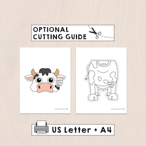 May include: A printable craft sheet featuring a cow head with black, white, and tan details, and a separate cow body outline for cutting. The text reads OPTIONAL CUTTING GUIDE, US Letter + A4, and Happy Paper Time. The design is on a white background.