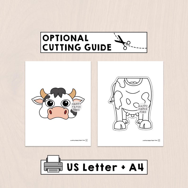 May include: A printable craft sheet featuring a cow head with black, white, and tan details, and a separate cow body outline for cutting. The text reads OPTIONAL CUTTING GUIDE, US Letter + A4, and Happy Paper Time. The design is on a white background.