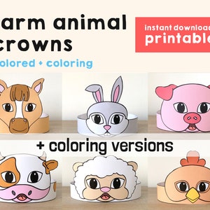 Animali da fattoria Corone di carta Maiale Pony Mucca Coniglio Pecora Pollo Stampabile Artigianato per bambini Compleanno Festa Favore Costume Fai da te Stampabile Download istantaneo