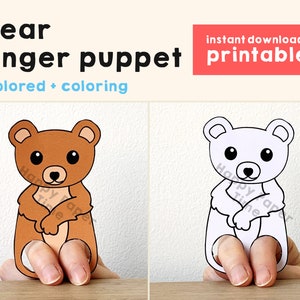 Orso artigianale di carta stampabile animale del bosco Burattino da dito Artigianale per bambini Orso Festa di compleanno Bambini Burattino da colorare Download immediato stampabile