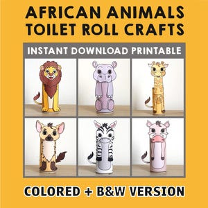 African animals Toilet Paper Roll Craft Safari Party Coloring Printable Decoration Kids Play Cut out Glue DIY - Instant Download