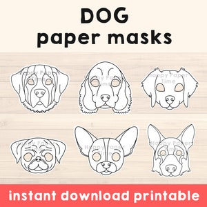 Máscaras para cães imprimíveis Chihuahua Pastor Alemão Golden Retriever São Bernardo Pug Cocker Spaniel Animal para colorir fantasia de cachorro faça você mesmo artesanato infantil