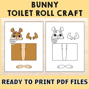 May include: Printable craft template featuring a bunny rabbit with a toilet paper roll body. The template includes a bunny head, arms, and legs to be cut out and attached to the toilet paper roll. The template is available in both color and black and white versions.