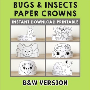 Bugs Insects Paper Crowns Butterfly Caterpillar Ladybug Bee Printable Costume DIY Party Kids Headband Coloring Craft Favor PDF Download