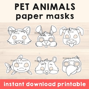 May include: A collection of six black and white paper masks in the shape of various pet animals, including a cat, rabbit, dog, fish, hamster, and bird. The text "PET ANIMALS paper masks" is at the top, with "instant download printable" at the bottom.