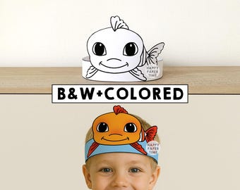 Vis papier kroon partij kleuren afdrukbare feestmuts Kids Craft Oceaan dier verjaardag sjabloon gunst pdf kostuum DIY, direct downloaden