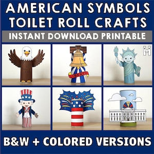 Simboli americani: rotolo di carta igienica, lavoretto per il 4 luglio, festa del Presidente degli Stati Uniti, decorazione da colorare stampabile per bambini, download immediato
