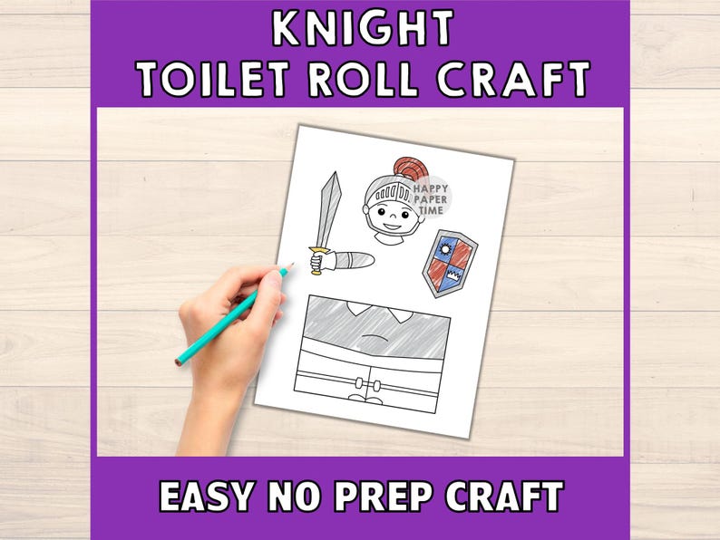 May include: Printable knight craft template featuring a knight with a sword, shield, and helmet. The template is designed to be used with a toilet paper roll. The text "EASY NO PREP CRAFT" is at the bottom of the page.
