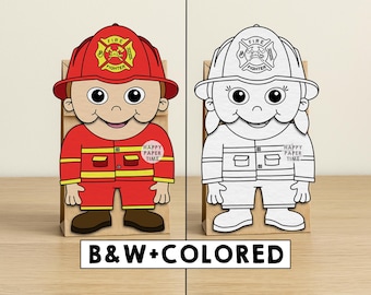 Marionetas de bombero hechas con bolsas de papel, imprimibles, para ayudar a la comunidad, para recortar, pegar y colorear, para fiestas, descarga instantánea.