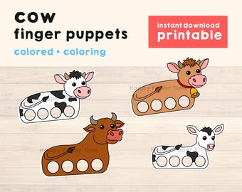 Cow puppet paper craft printable Finger Puppet Kids Craft Animal Birthday Party Farm animal Coloring paper print out - Instant Download