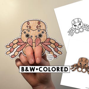 May include: A paper spider finger puppet craft featuring a tan and reddish-brown colored spider with multiple eyes and two circular finger holes at the bottom. The design includes a dashed cutting line around the perimeter and the text B&W+COLORED.
