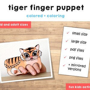 Tiger paper craft printable Jungle animal Finger Puppet Kids Craft Bear Birthday Party Kids Coloring Puppet Printable Instant Download image 3